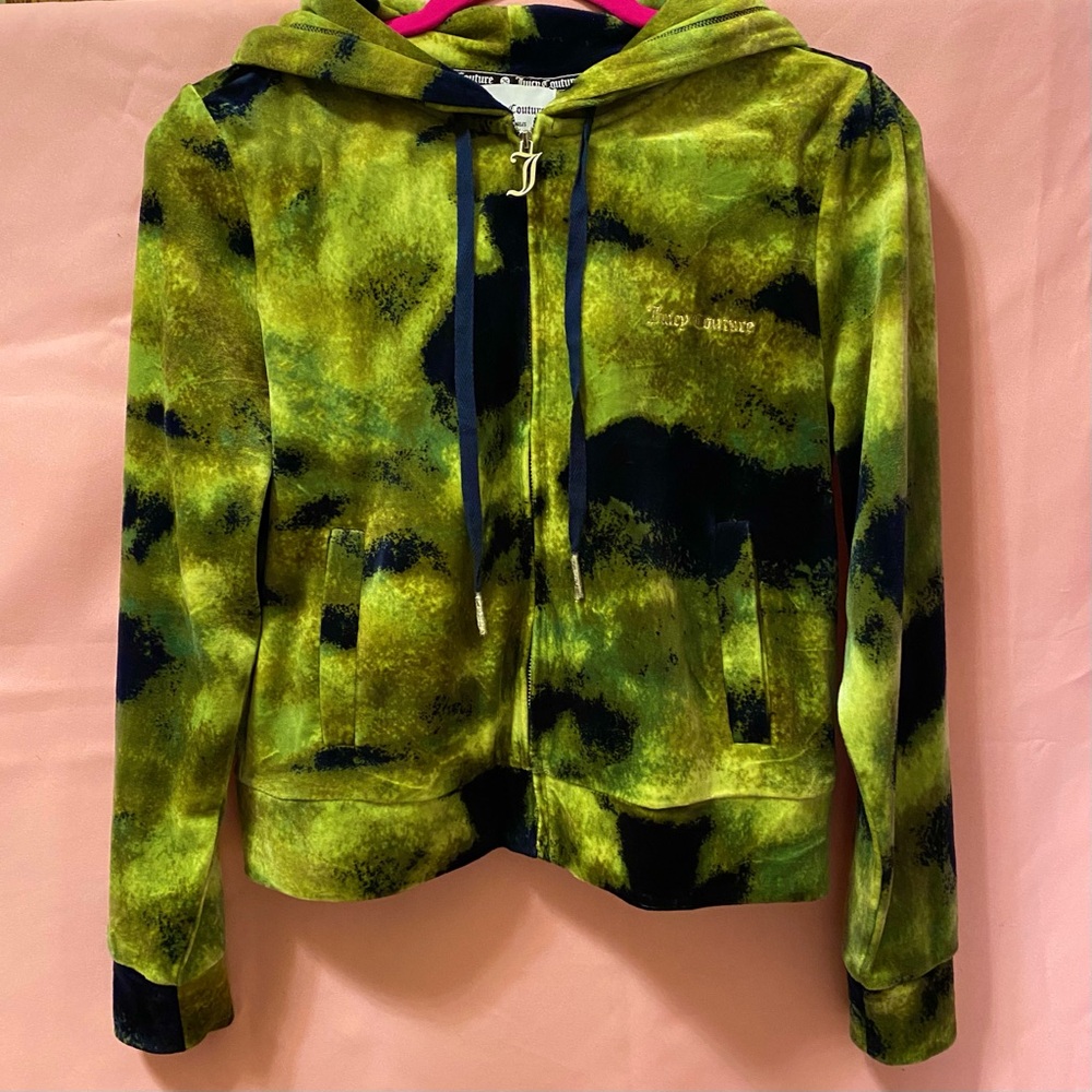 Juicy Couture Velour Tie-Dye Green Black Hoodie Jacket Silver Hardware Medium!